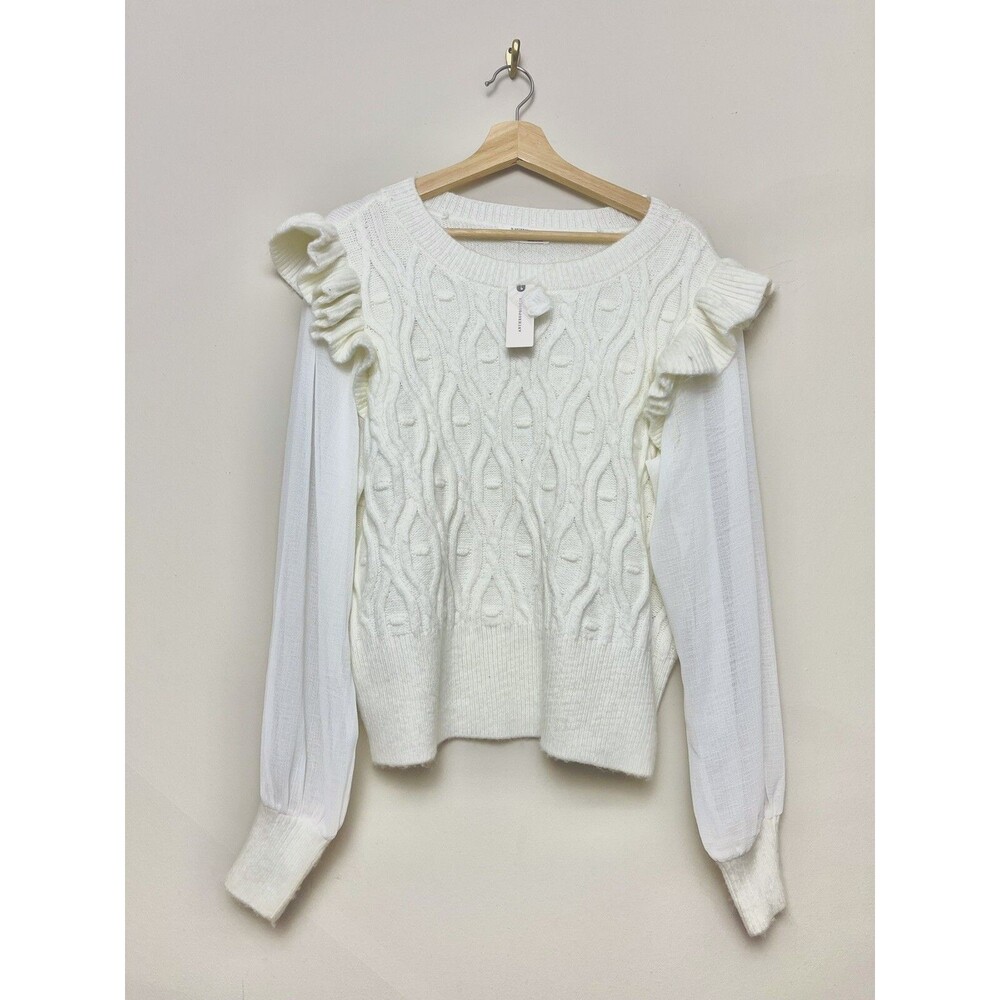 Anthropologie Contrast Sweater Top Size XL Cream Long Sleeve Ruffle Pullover